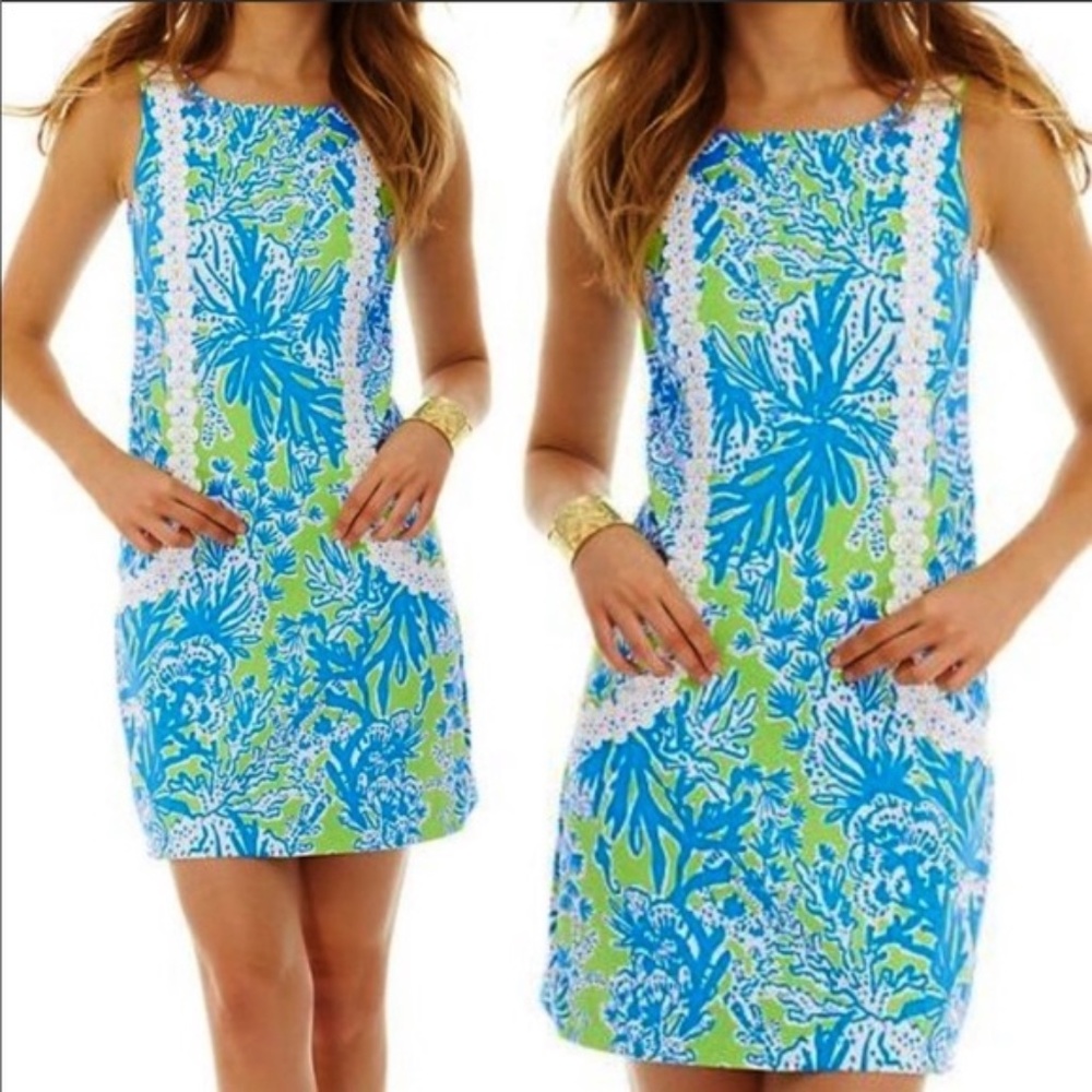 Lilly Pulitzer Casey Shift Dress White Embroidered Trim Limeade Mini Dress 2